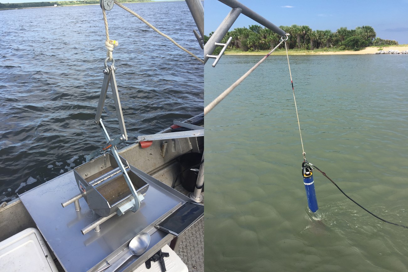 Ponar grab sampler with sediment and a water quality sonde deployed into the water. Ponar grab sampler with sediment and a water quality sonde deployed into the water