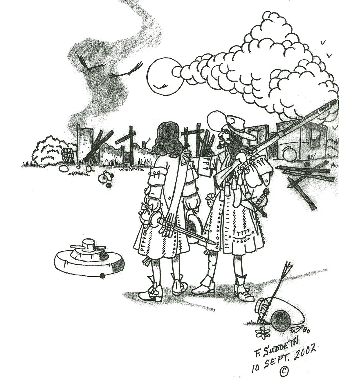 Coloring Page of the 1702 Siege aftermath with the town burning behind its citizens.