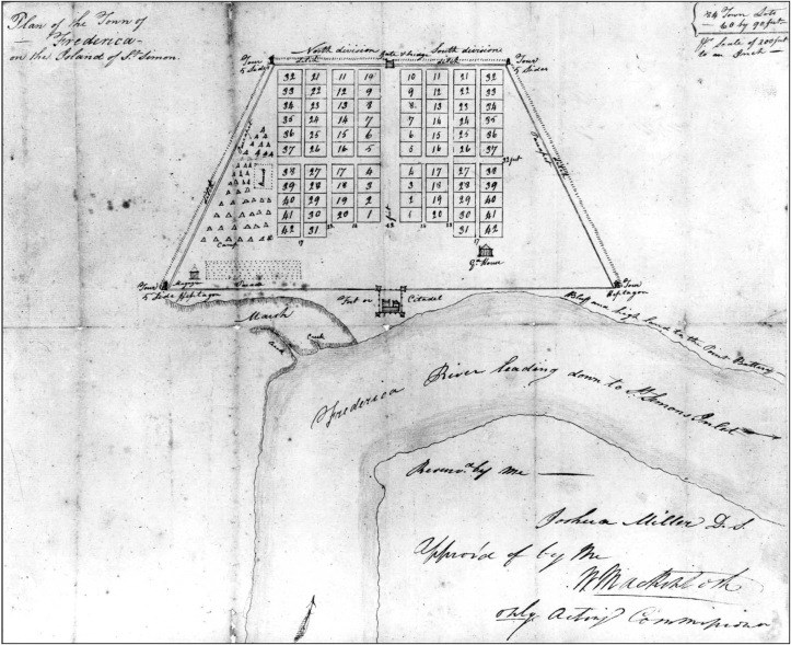 Map of the town of Frederica drawn in 1796 by Joshua Miller; the top of the map faces east Historic map of the town of Frederica
