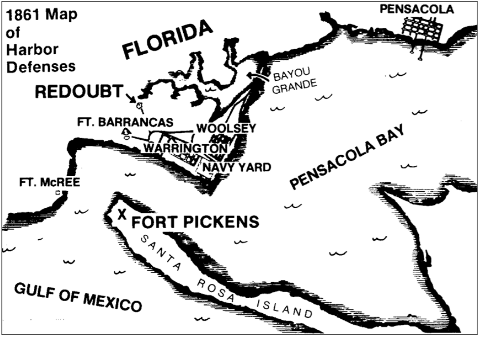 1861 Map of Harbor Defenses Map depicting forts in the Pensacola Bay