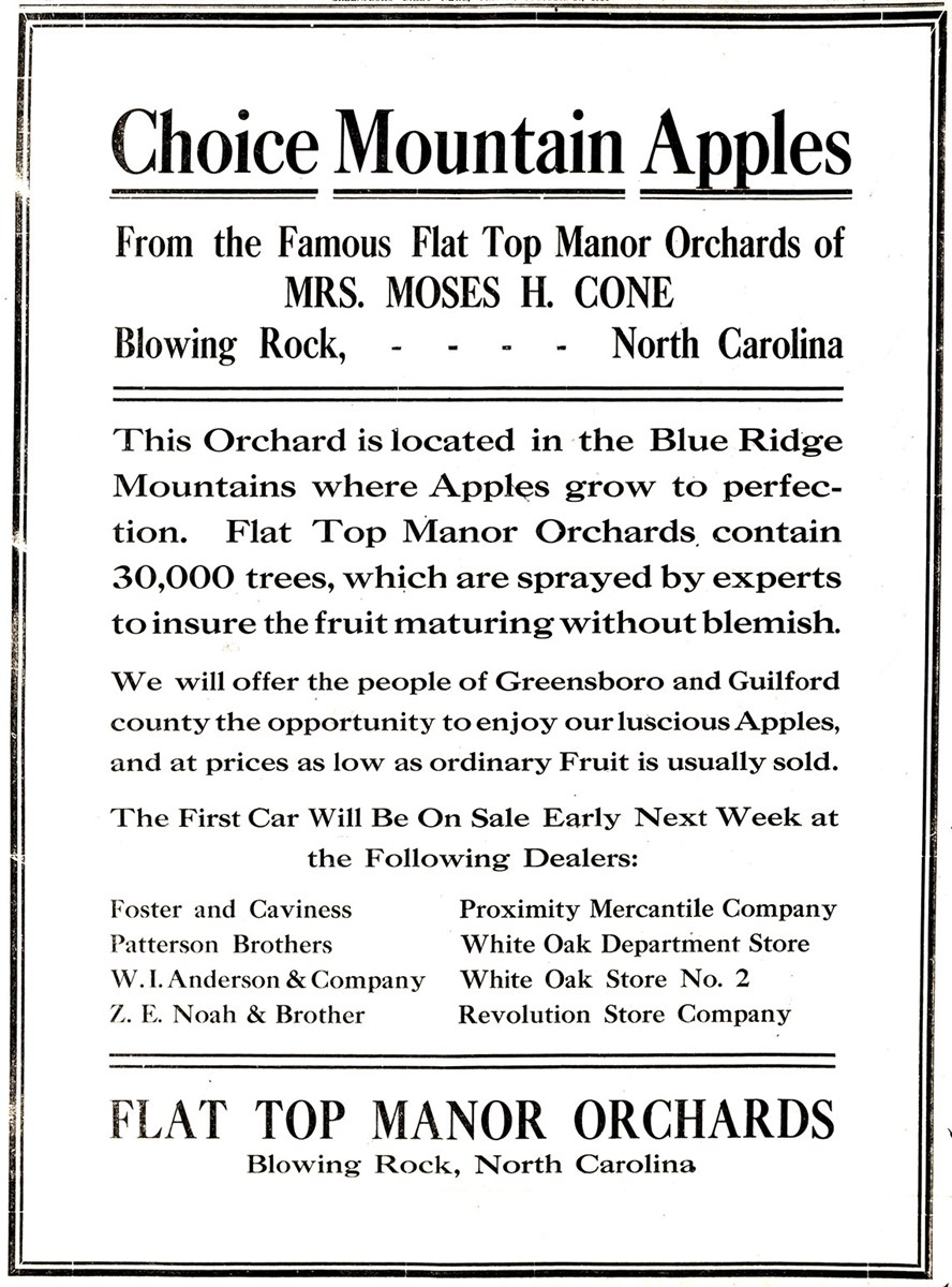 A black and white newspaper advertisement selling apples from the Cone estate.