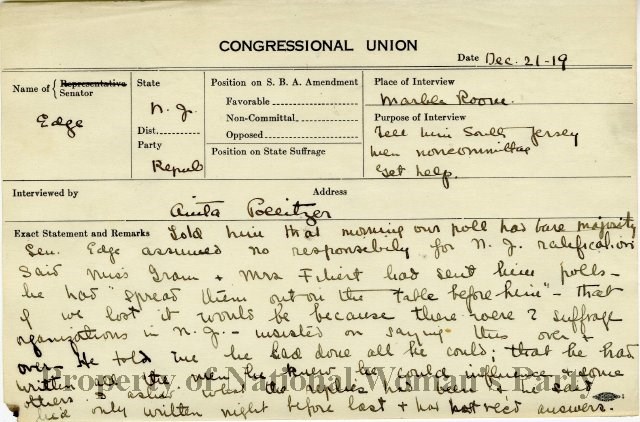 Interview card about Senator Walter E. Edge by Anita Pollitzer, 1919.