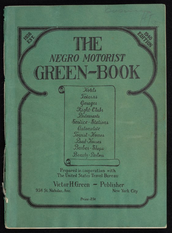 cover of a book titled "The Green Book." subtitle reads: hotels, taverns, garages, night clubs, restaurants, service stations, tourist homes, road houses, barber shops, beauty parlors. prepared in cooperation with the U. S. travel bureau. price 25 cents