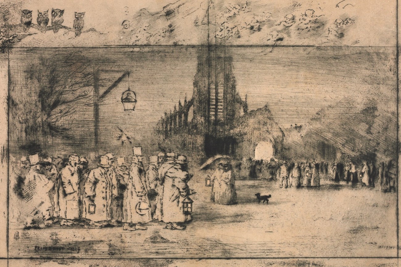 Christmas Eve Midnight Mass Etching of groups of people walking towards a church carrying laterns.