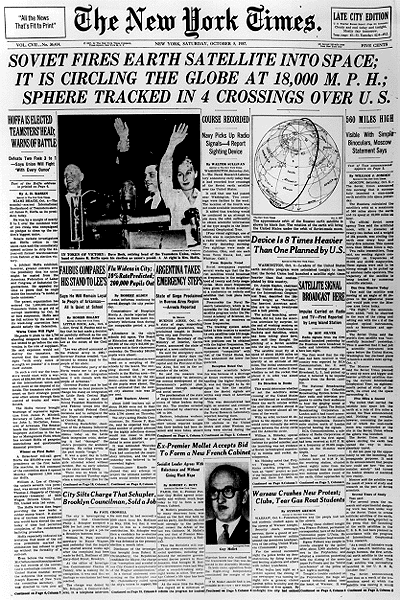 Historic newspaper with headline announcing the Soviet launch of Sputnik