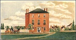 Painting of a large brick house. Painting of a large brick house.