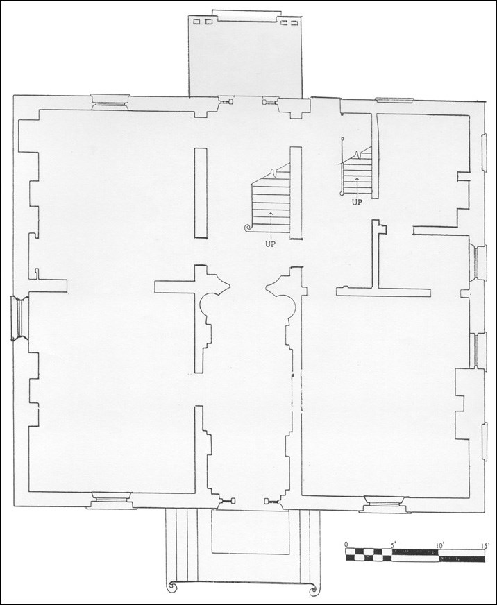 Floor plan drawing of the first floor of the Decatur House in Washington, DC.