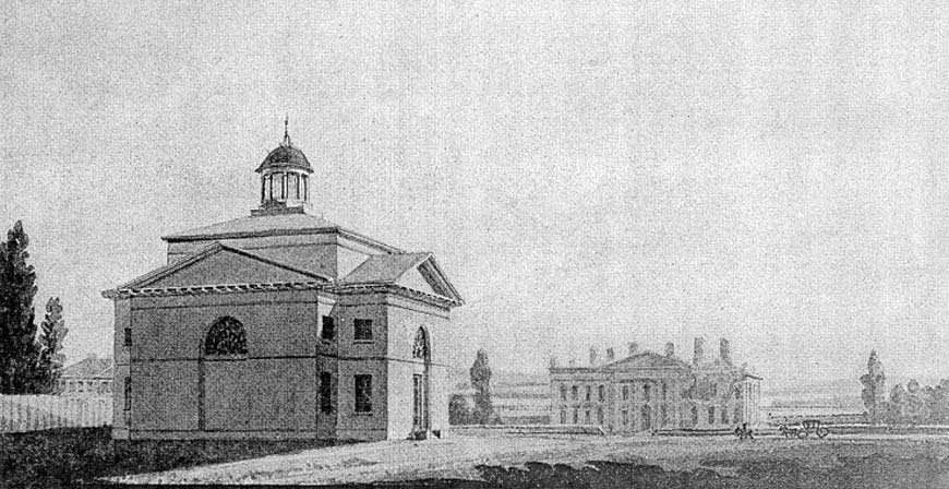 Benjamin Latrobe's 1816 drawing of President's Park with several federal-style buildings.