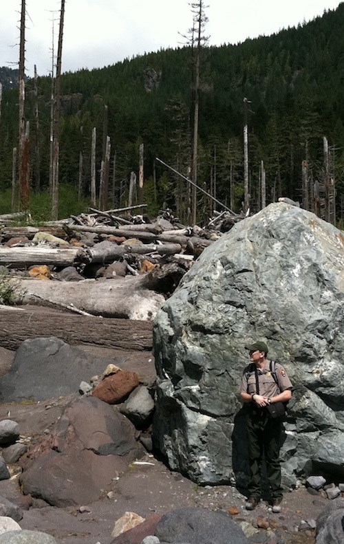 A ranger leans against a large boulder surrounded by tumbled logs and broken tree trunks.