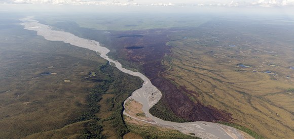 Aerial view of burned area along river corridor.