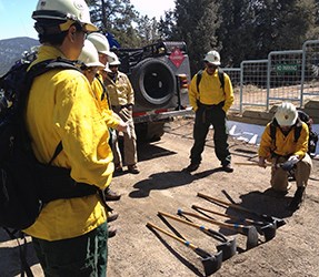 A group of firefighters stand around a firefighter showing hand tools.