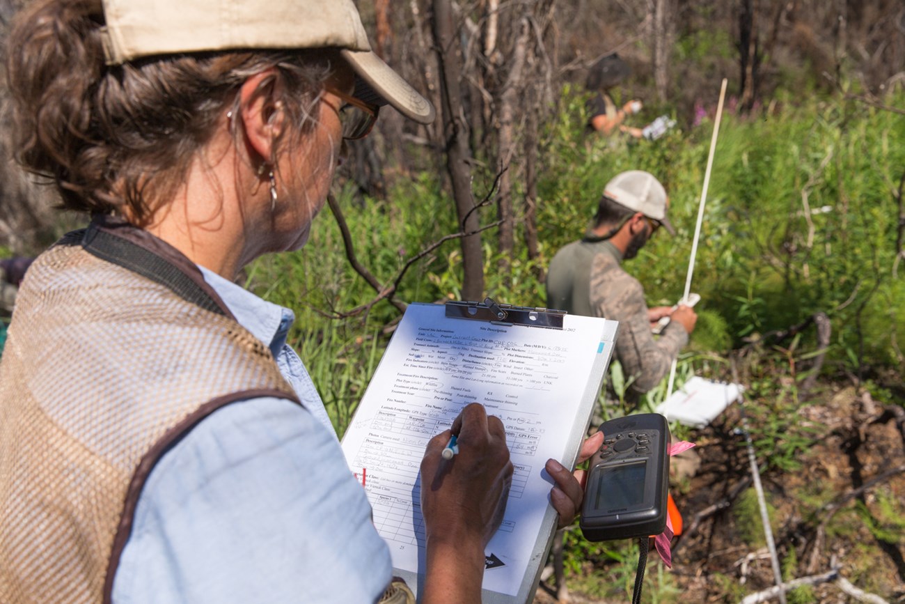 A woman writes on a piece of paper while a person in the background holds a measuring tool.