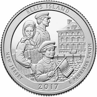 Minted coin showing two adults and a child holding an american flag, entering through Ellis Island.