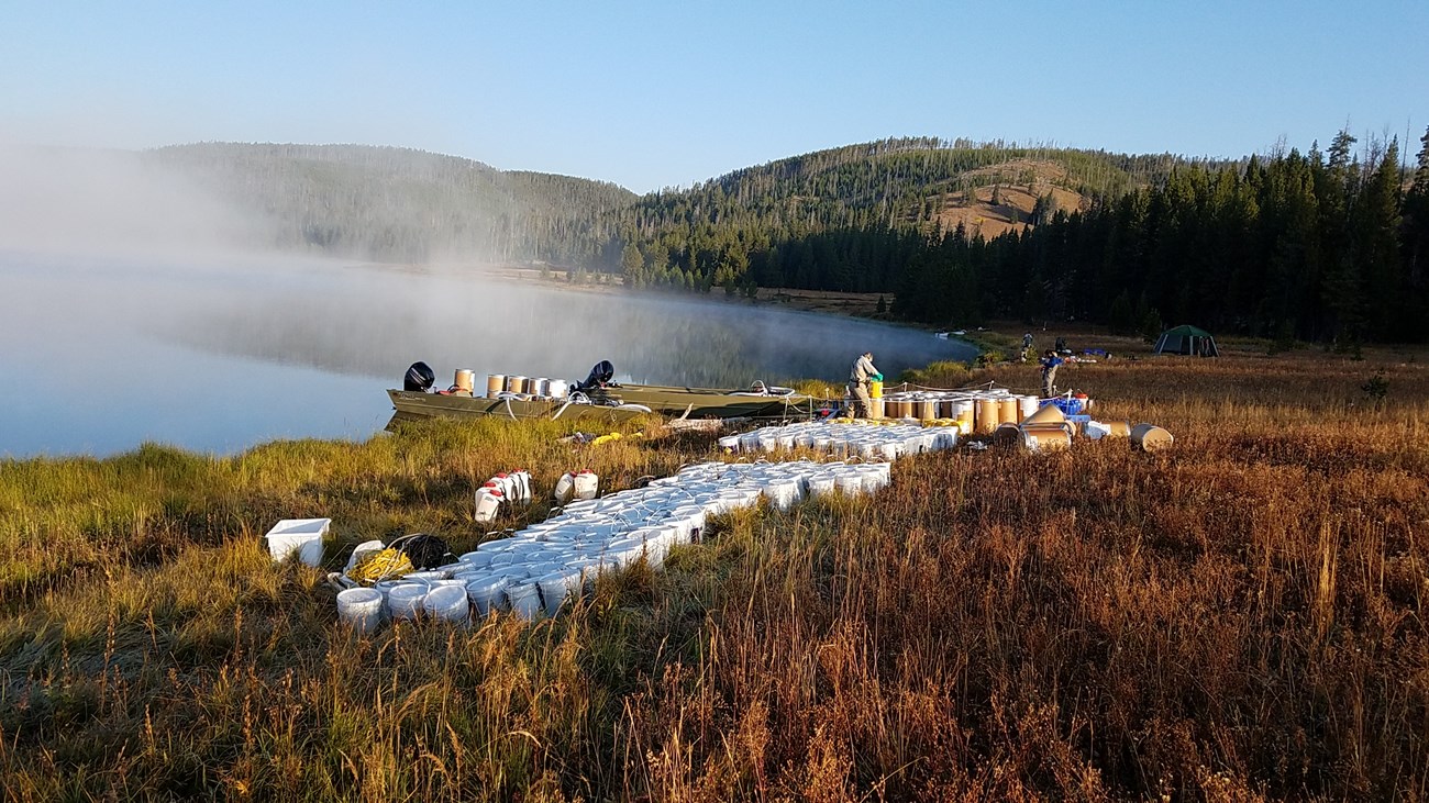 Collaborating biologists prepare for the application of rotenone at Grebe Lake in September 2017. More than 75,000 pounds of chemical, boats, equipment, and supplies were transported to this backcountry site by helicopter to complete the project.