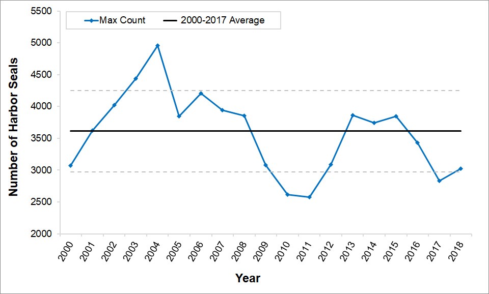 Line graph showing maximum harbor seal molt counts for 2000-2018. Counts have mostly remained within one standard deviation (SD) of the mean. The highest count was in 2004, the lowest were in 2010 and 2011, and this year's is about one SD below the mean.