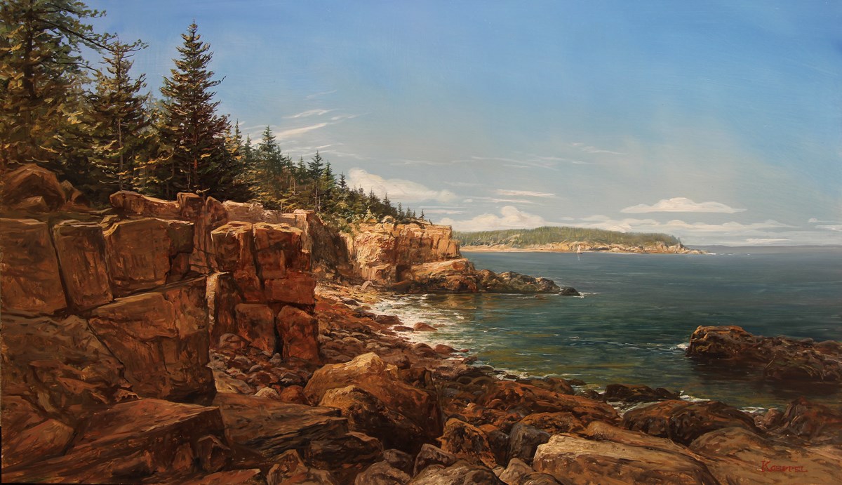 Oil painting by Erik Koepple, "The Maine Coast, Mount Desert" of North Atlantic coastline