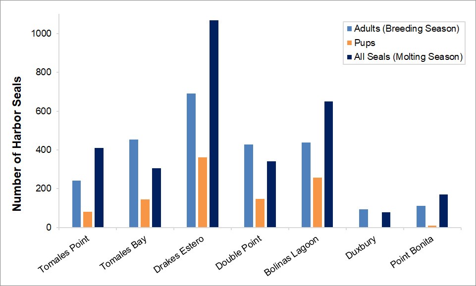 2018 maximum harbor seal counts by site Maximum harbor seal counts by site, where Drakes Estero has the highest number of seals during the molt season. Breeding season counts are there for comparison and show that Drakes Estero also had the largest count of seals during the breeding season.