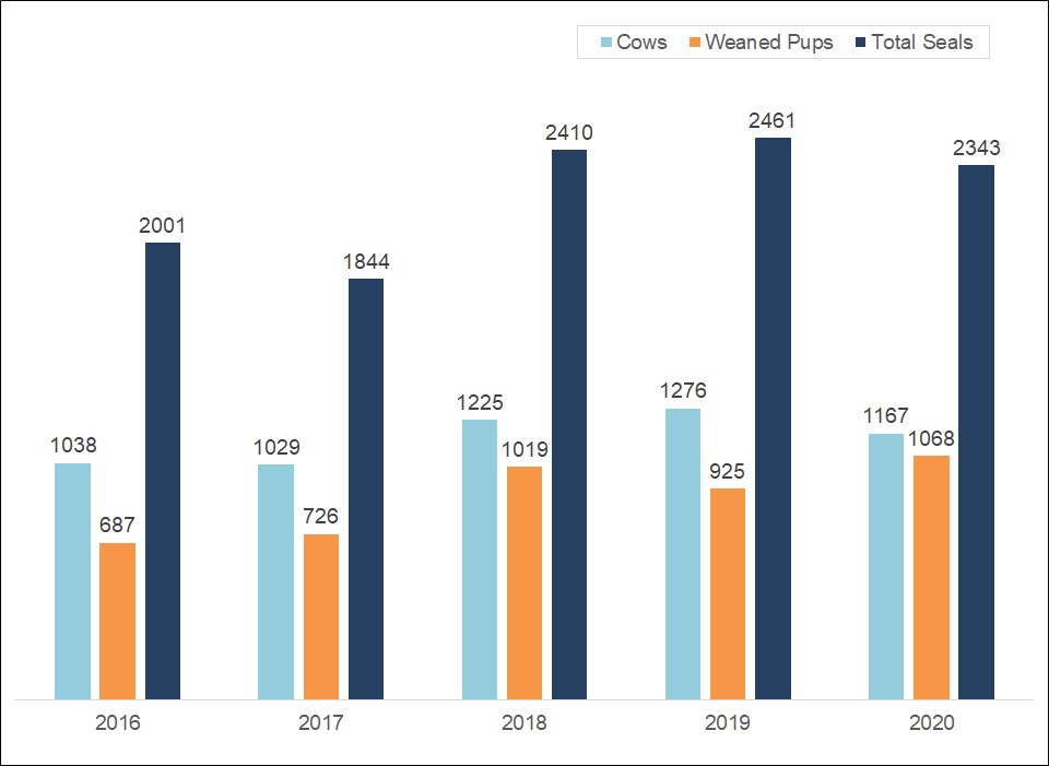 Elephant Seal Seasonal Peak Counts Peak numbers of total elephant seals, elephant seal cows, and weaned pups mostly rising over the last five years.