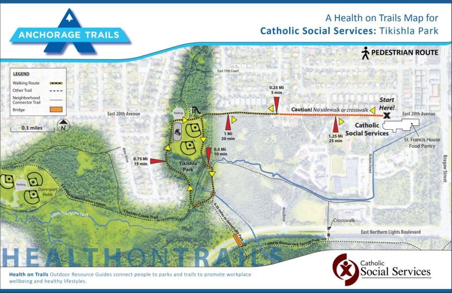 The Wellness Map created by the Anchorage Park Foundation and National Park Service for the Catholic Social Services. The map displays ideal walking routes on nature trails. Map image courtesy of Anchorage Park Foundation.