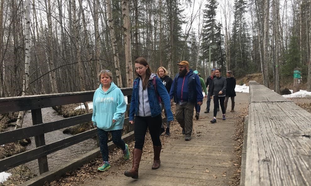 The Anchorage Health on Trails team enjoy a walk in Tikishla Park in celebration of National ParkRx Day. Photo courtesy of the National Park Service.