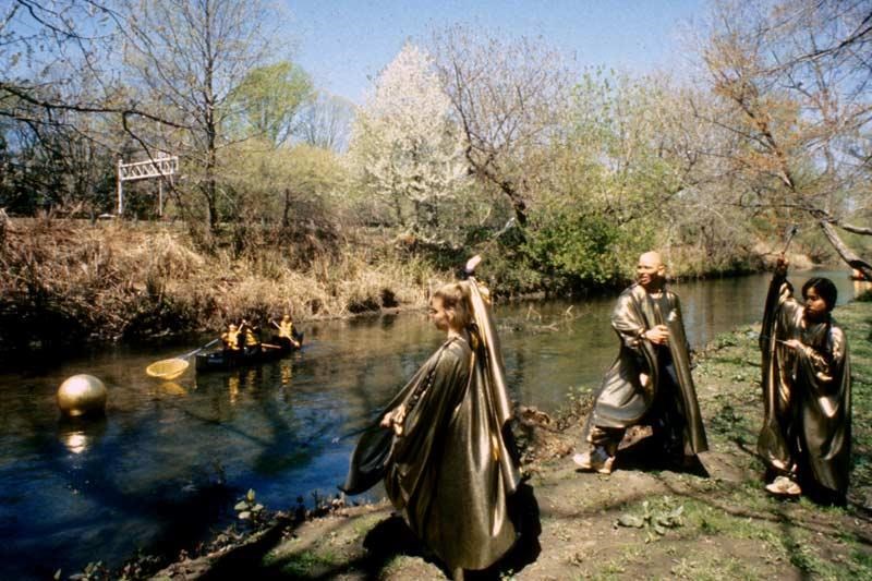 Dancers from the Arthur Aviles Typical Theater and flutist Connie Grossman performed for community members and organizations during the 1999 Golden Ball Procession. Photo courtesy of Beckett Logan, Harries/Héder Collaborative.