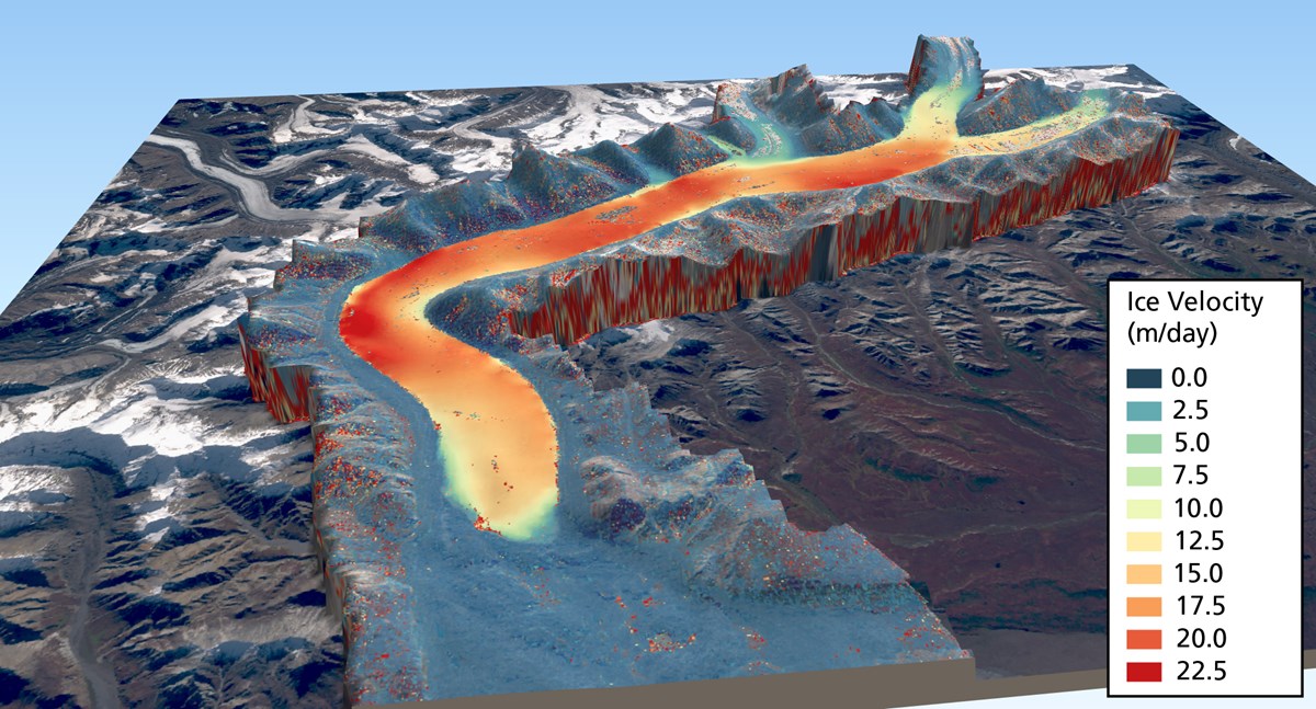 model of a glacier with heat map showing speed of travel