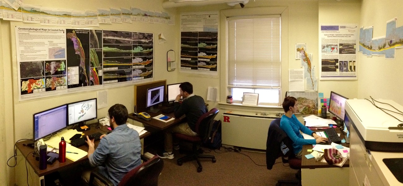 interns work at computers at Sandy hook, creating map images