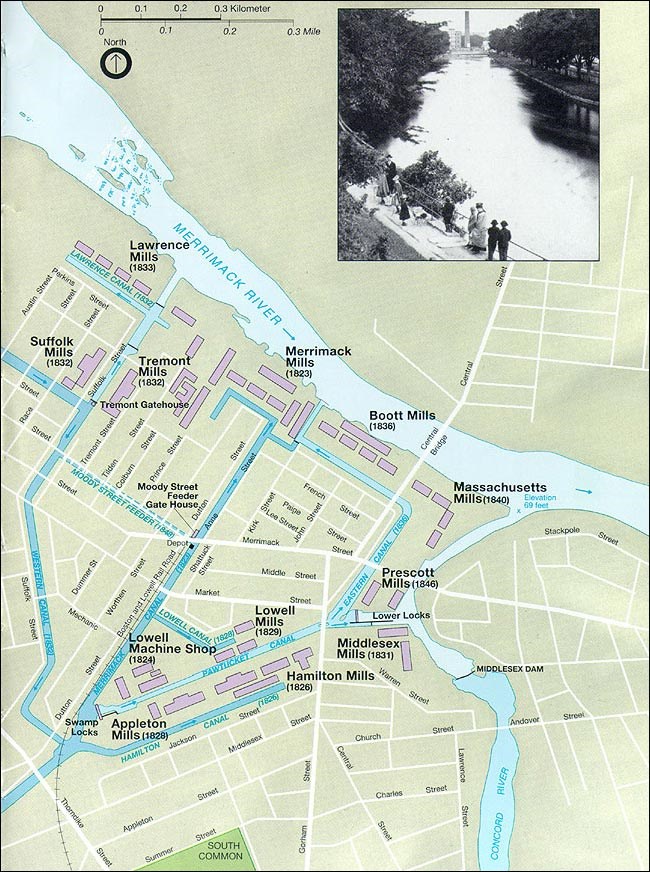 Map of Lowell's canal system in 1850. (Lowell National Historical Park)