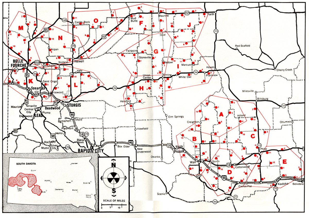 Map of western South Dakota with the locations of silos and control centers noted