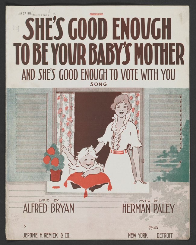 Illustration of a smiling young woman and baby with the text: "She's Good Enough to Be Your Baby's Mother and She's Good Enough to Vote With You - Song."