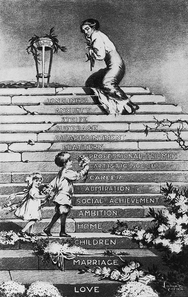 Political cartoon showing woman fearfully climbing stairs toward a pot labeled "fame," looking back at two children. The bottom stairs are labeled "marriage" and "children," and closer to the top are "professional triumph," "suffrage," "strife," anxiety."