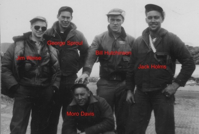 five men in bomber jackets, names left to right are jim weise, george sproul, bil hutchison, jack holms, moro davis