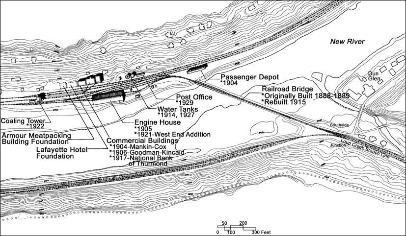 Map of the layout of the town of Thurmond. Map of the layout of the town of Thurmond.