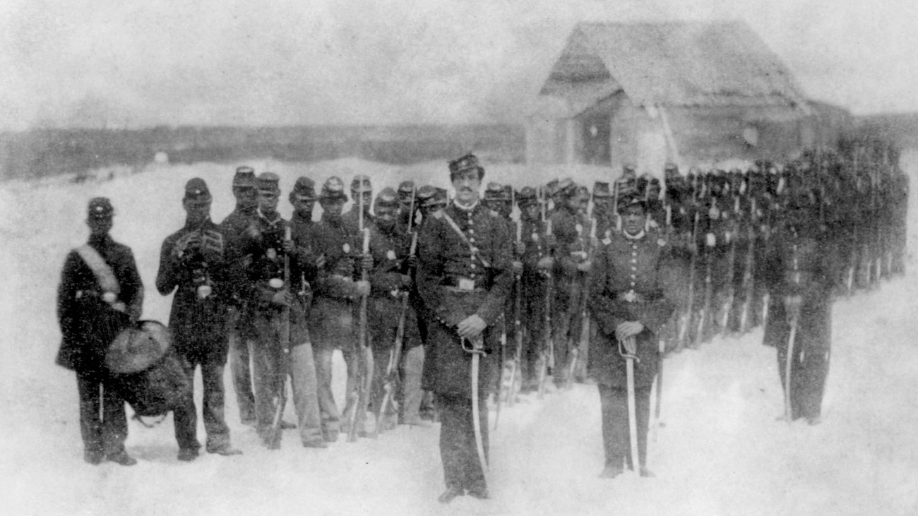 Black and white photo of African American soldiers during the civil war.