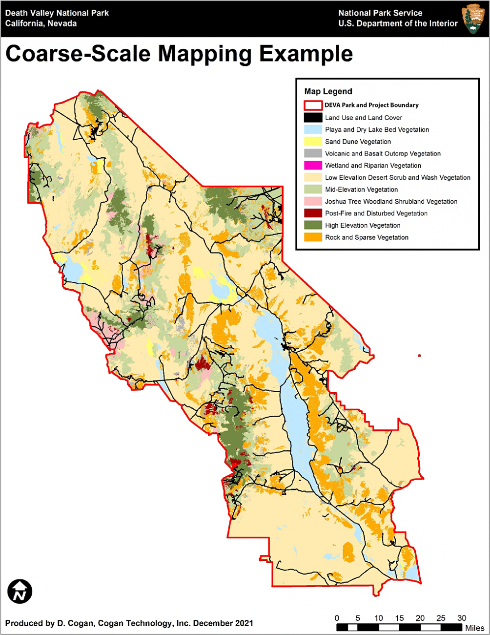 A map of Death Valley National Park labeled as “Course-Scale Mapping Example” that color-codes regions of the park by land categories, including Land Use and Land Cover, Playa and Dry Lake Bed Vegetation, Sand Dune Vegetation, Volcanic and Basalt Outcrop
