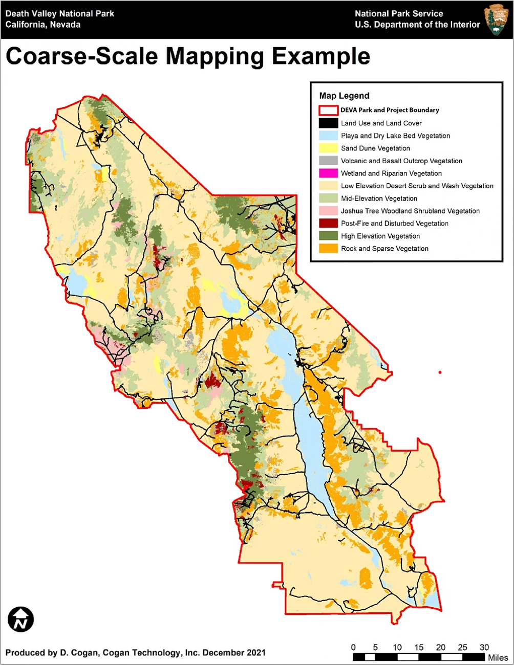 Coarse-scale vegetation map of Death Valley National Park A map of Death Valley National Park labeled as “Course-Scale Mapping Example” that color-codes regions of the park by land categories, including Land Use and Land Cover, Playa and Dry Lake Bed Vegetation, Sand Dune Vegetation, Volcanic and Basalt Outcrop