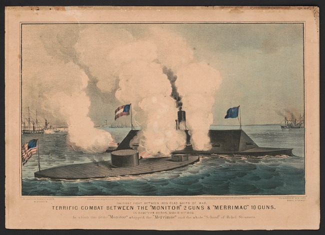 Ironclads battle at Hampton Roads, Virginia