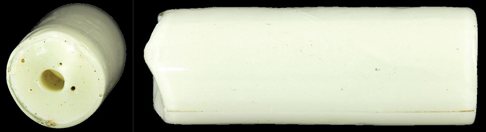 End and side view of a cylindrical white bead.