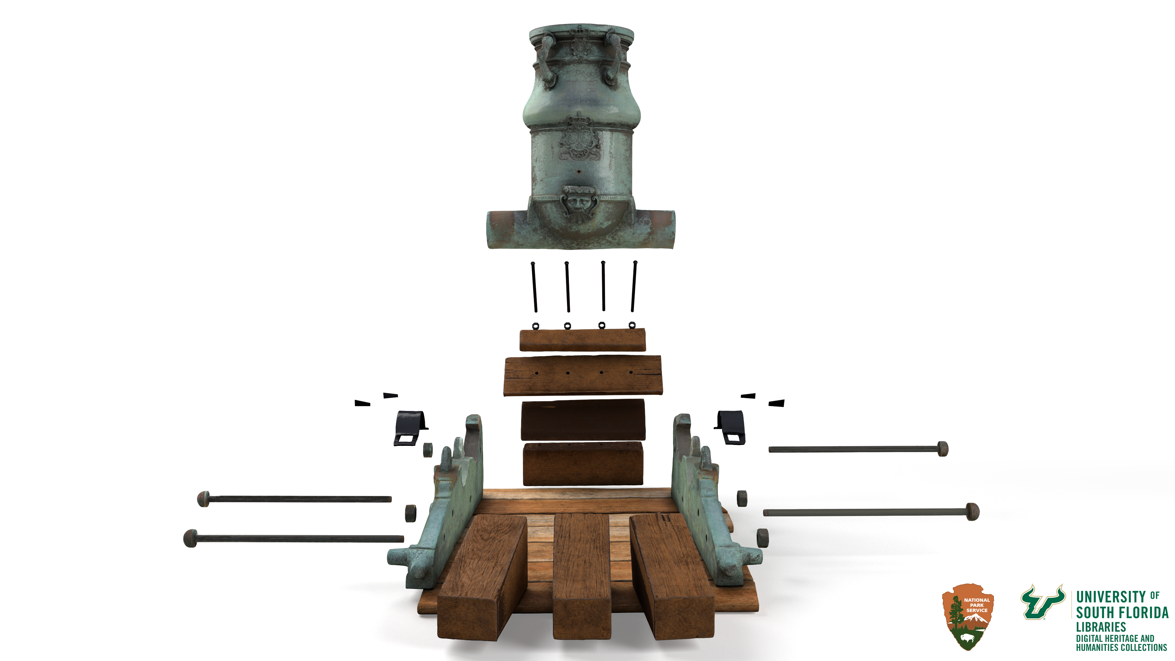 3D model of artillery Diagram image of a cannon and carriage pulled apart.
