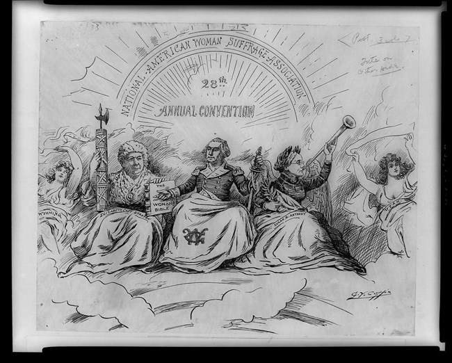 Ink drawing political cartoon showing Elizabeth Cady Stanton and Susan B. Anthony as co-founders of democracy with George Washington.