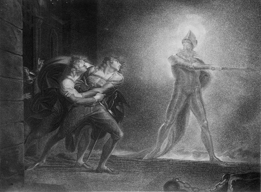 Hamlet, Prince of Denmark Act 1, scene 4, from Shakespeare's Hamlet, Prince of Denmark, showing Hamlet, Horatio, Marcellus, and the Ghost, on platform before the Palace of Elsinor.