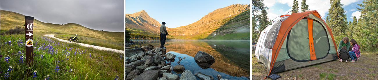 photos of visitors biking, fishing, and camping