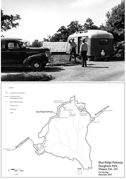 Motorists at Doughton Park Campground and a Site Plan for Doughton Park