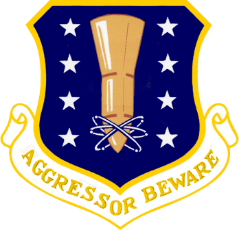 Patch design in blue and yellow featuring a missile and atomic symbol