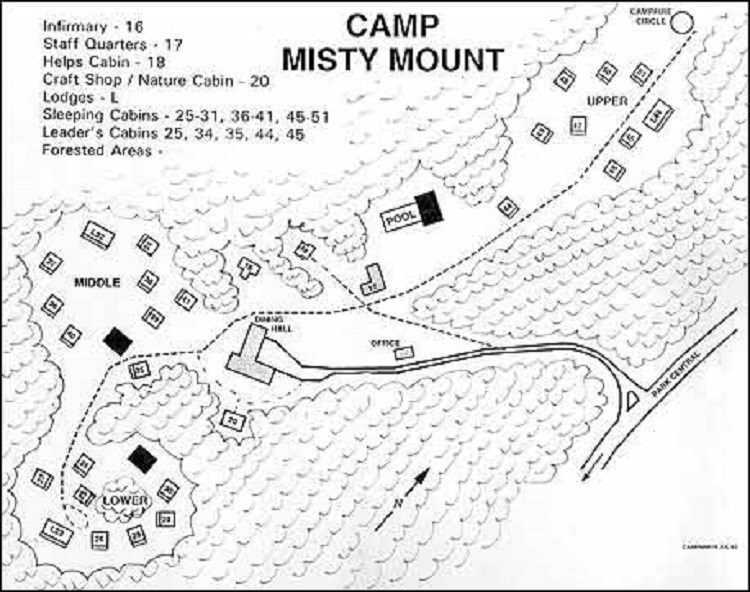 Plan of Camp Misty Mount with clustered buildings in a forest.