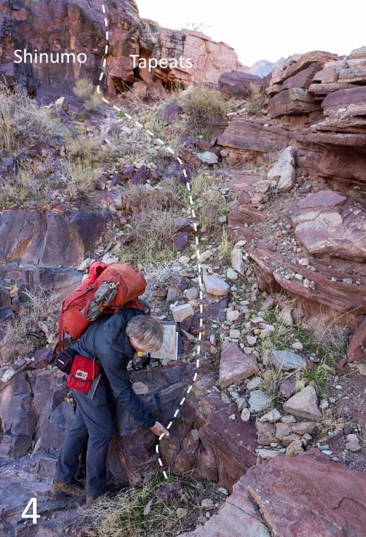 a man wearing an orange backpack is leaning forward to examine the contact between 2 rock layers; shown with a superimposed dotted line.