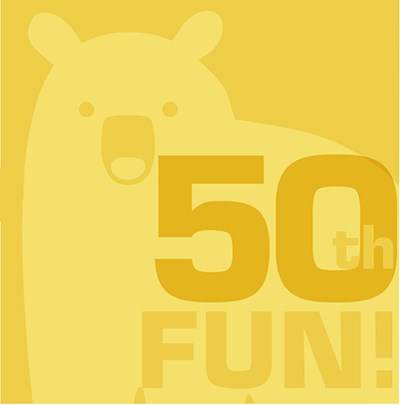 50th fun Yellow square with the words. '5oth fun!'