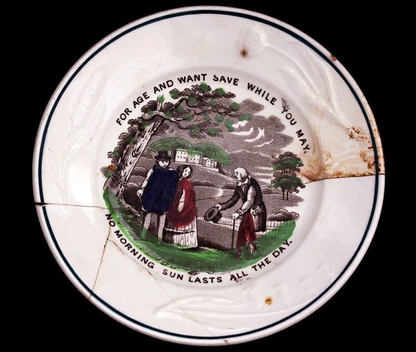 A ceramic plate with a woodland scene painted on it. It says "For age and want save what you may. No morning sun lasts all the day."