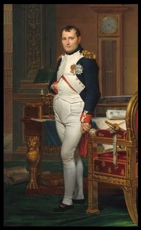 Napoleon Bonaparte in a military uniform, no hat, right hand in jacket near chest. Crest over his heart.