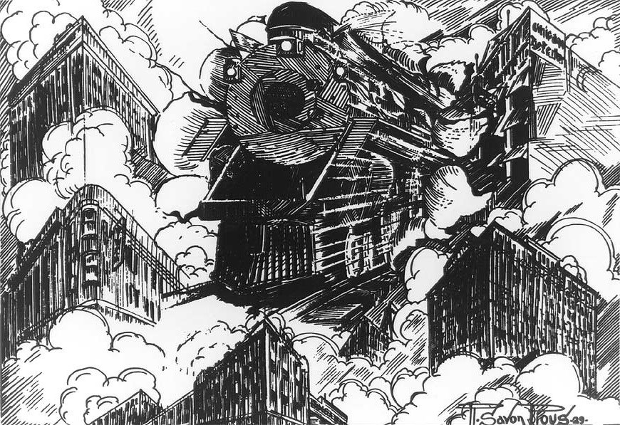 Cartoon of train barreling down through a city.